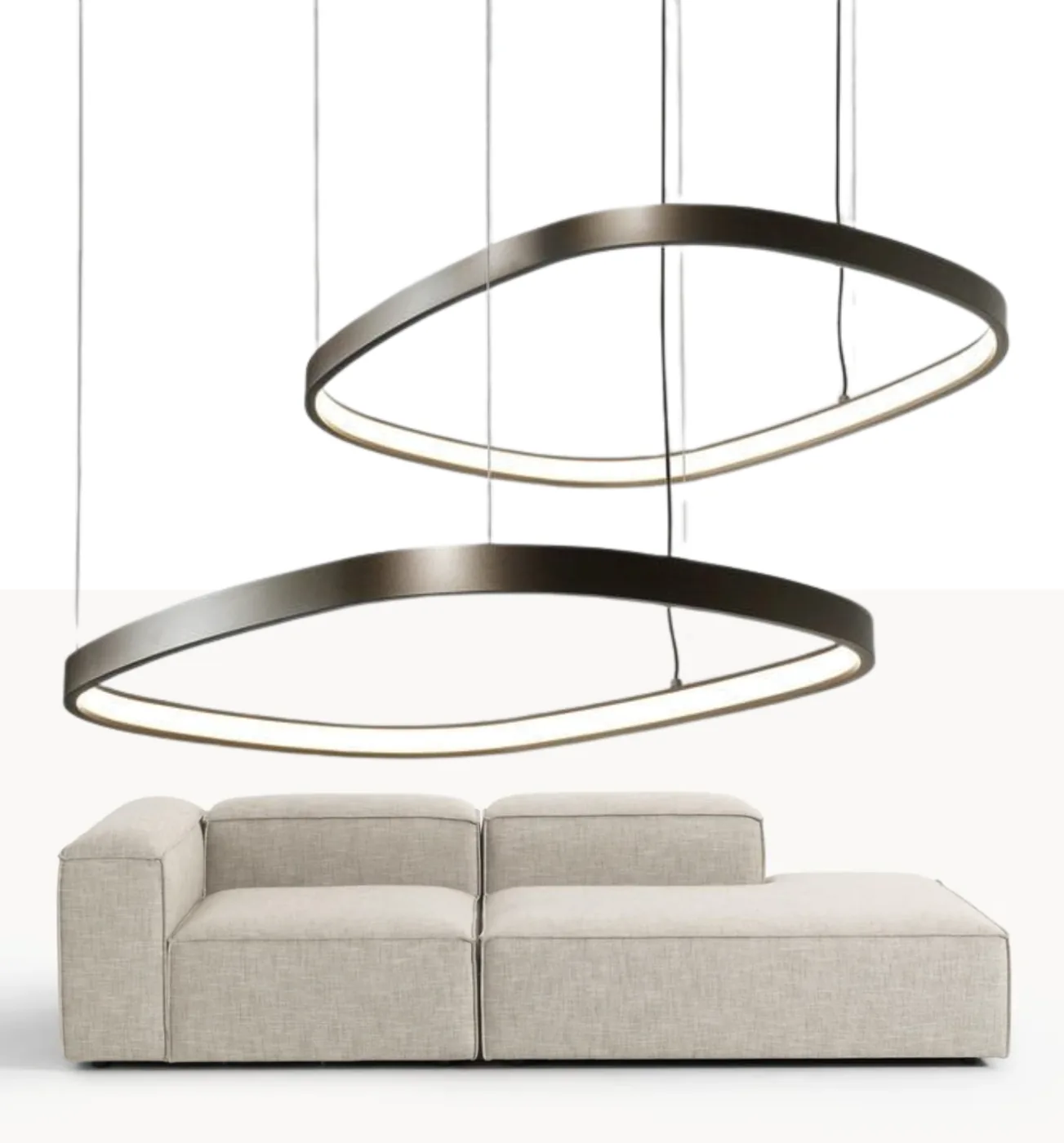 Ring pendant and linen sofa