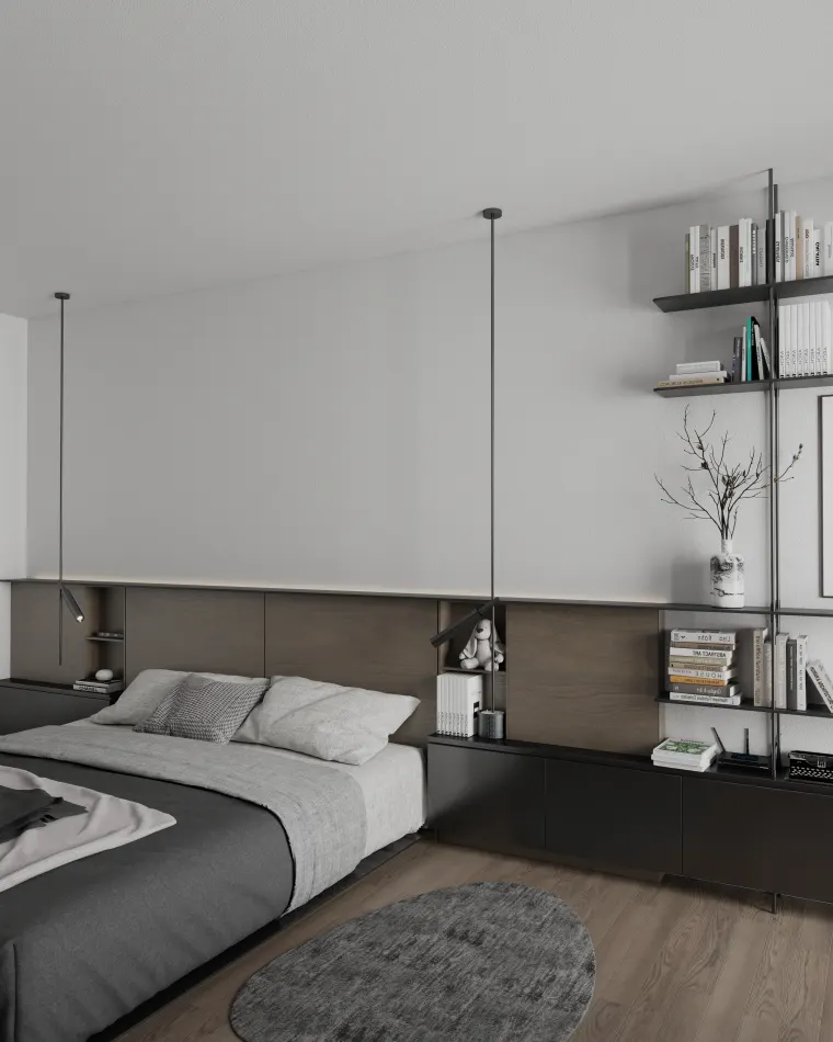 Bedroom, bed and bookcase