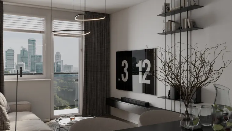 Living room, window and TV wall