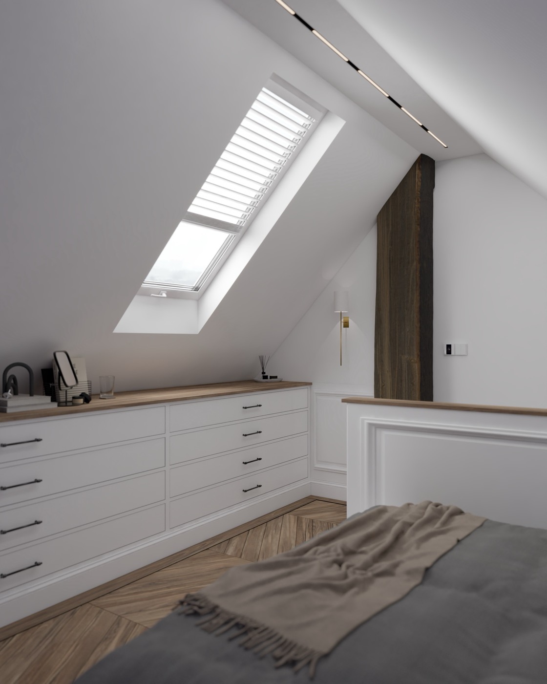 Visualisation of an attic bedroom with built-in drawers under the sloping ceiling