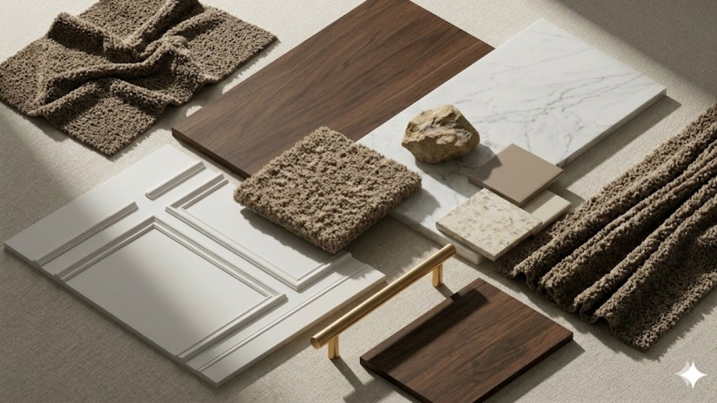 Bouclé, wool and walnut
