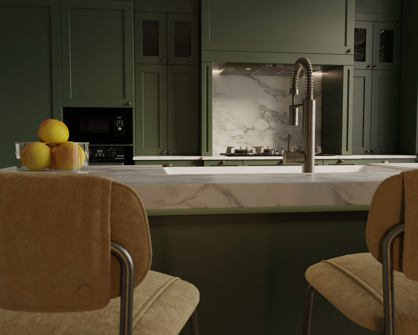 Visualisation of a green kitchen with a marble island
