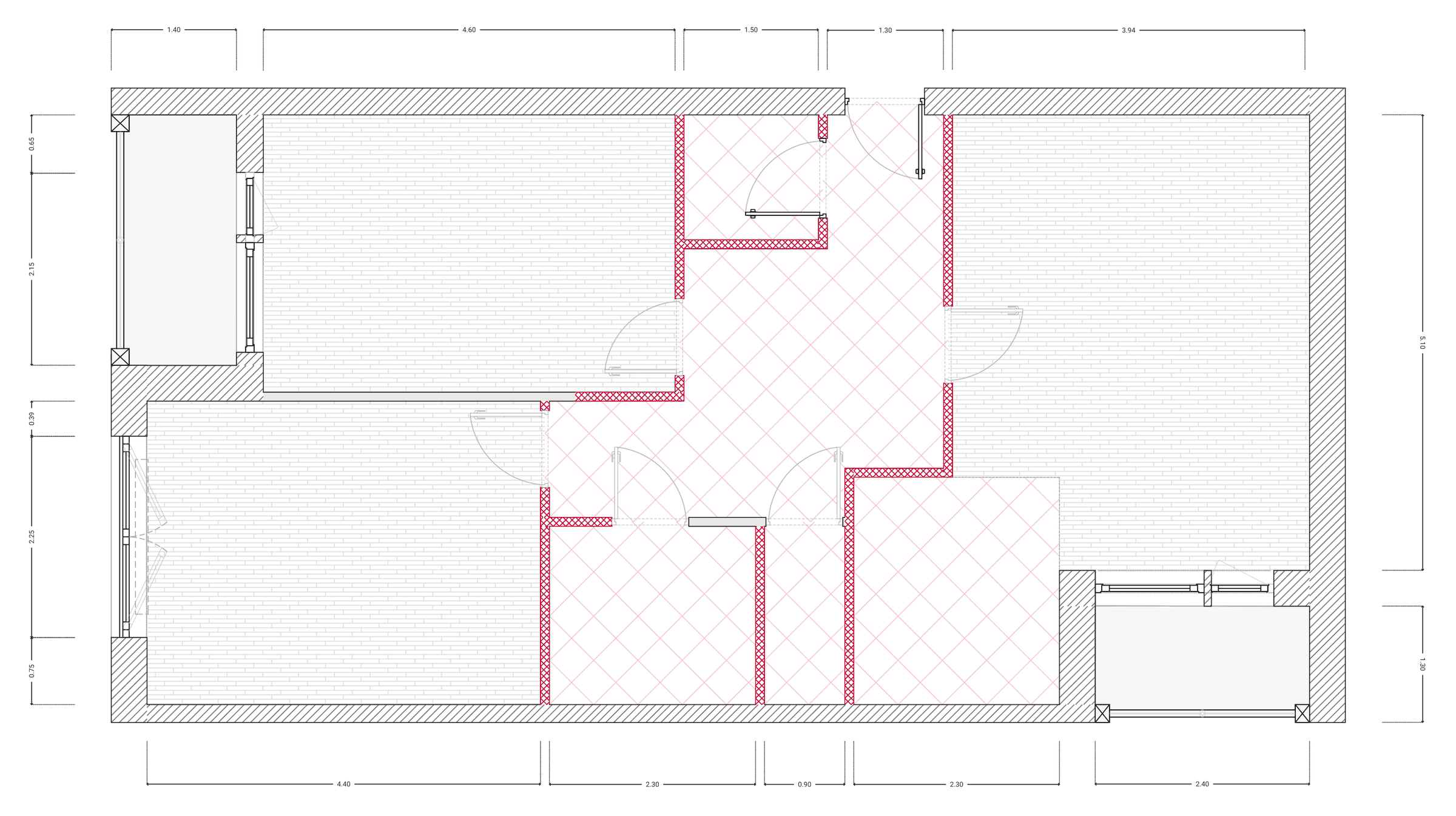 Demolition plan: removed walls in red