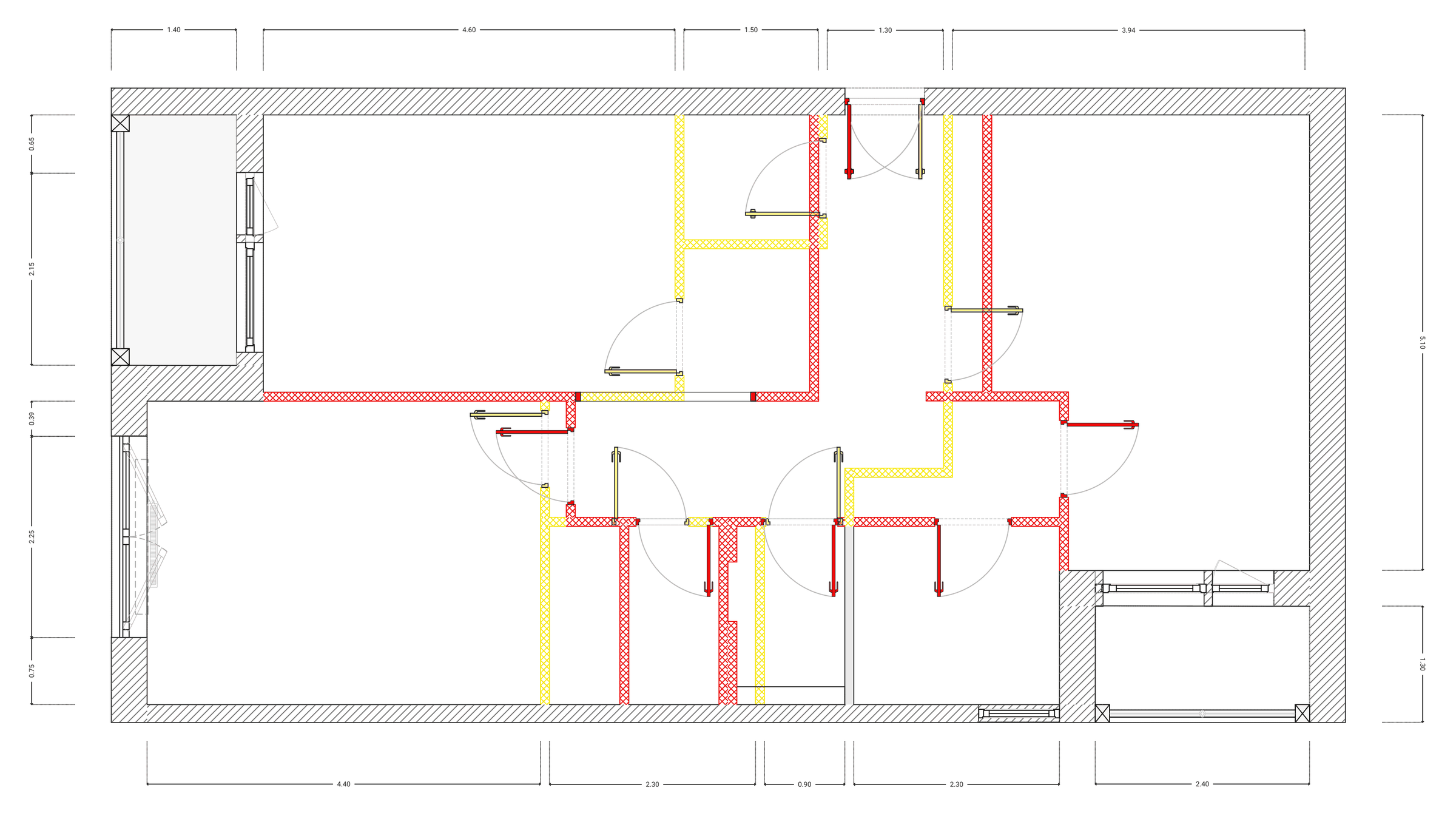 Plan of changes: removed walls in red, new walls in yellow